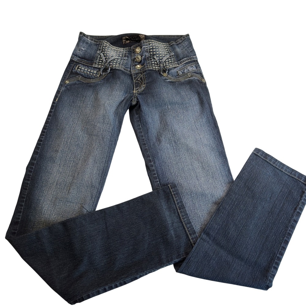 Y2K High Waist Straight Leg Jeans Dark‎ Wash Colombian Denim Ornate Button Fly S